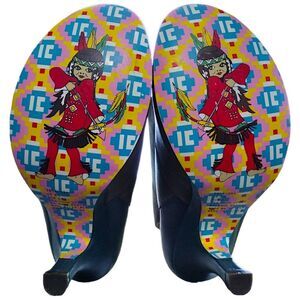 IRREGULAR CHOICE LEATHER HEELS, GREY & TEAL BLUE, SIZE US 6.5 / EUR 37